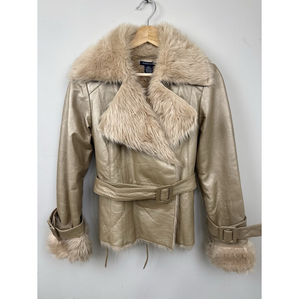 Vintage Boston Proper  Y2K Gold Leather Faux Fur Trim Penny Lane Belted Coat Sm